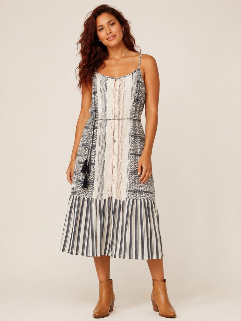 Crystal Doll Boho Striped Tassel Button Front Midi Dress NWT Medium
